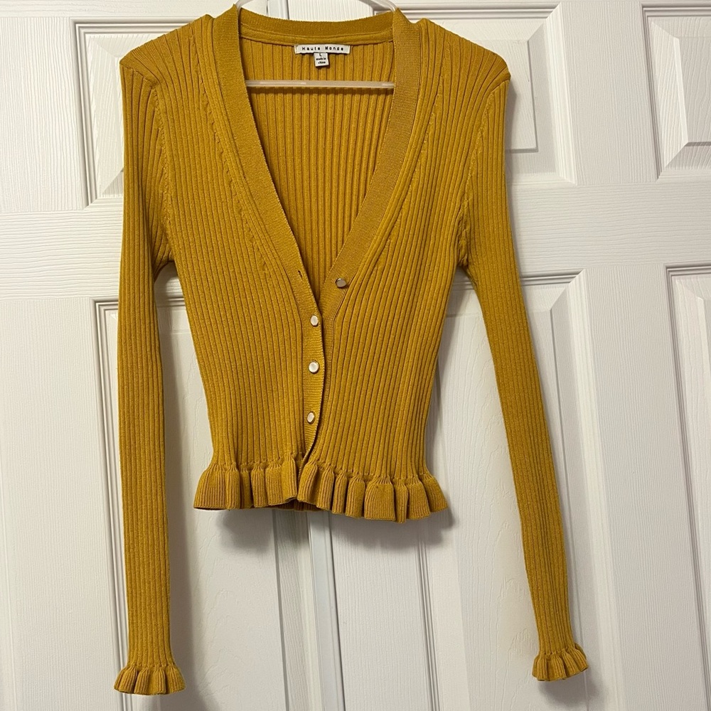 Haute Monde Mustard Yellow Ribbed Frill Cardigan Sweater